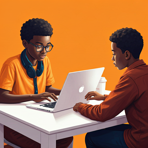 Diverse young students intensely focused on coding at laptops in a bright, modern classroom